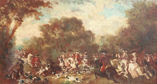 Manner of Francois de Troy (1645-1730) Hunting scene 30 x 53cm. Ex. Collection William de Belleroche